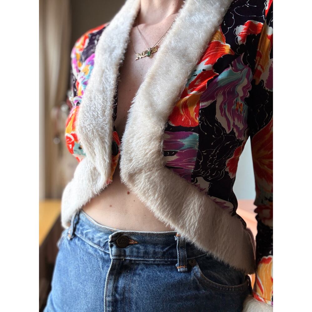 Vintage 70s Floral Faux Fur Trim Cropped Jacket | Disco Glam Bolero | M - Picture 3 of 13